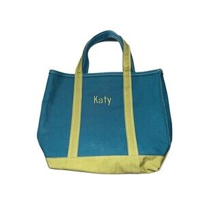 Vtg L.L. Bean Canvas Tote Bag Boat and Green Blue Rare Retro Medium Embroidered